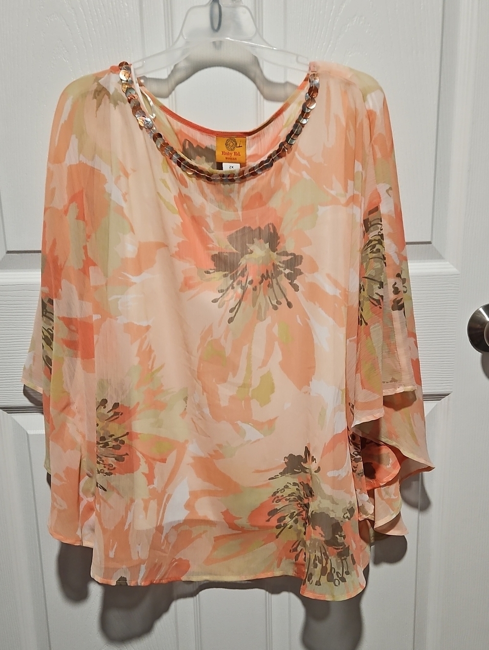 Ruby Rd. Peach Floral Beaded-Neck Flutter Blouse